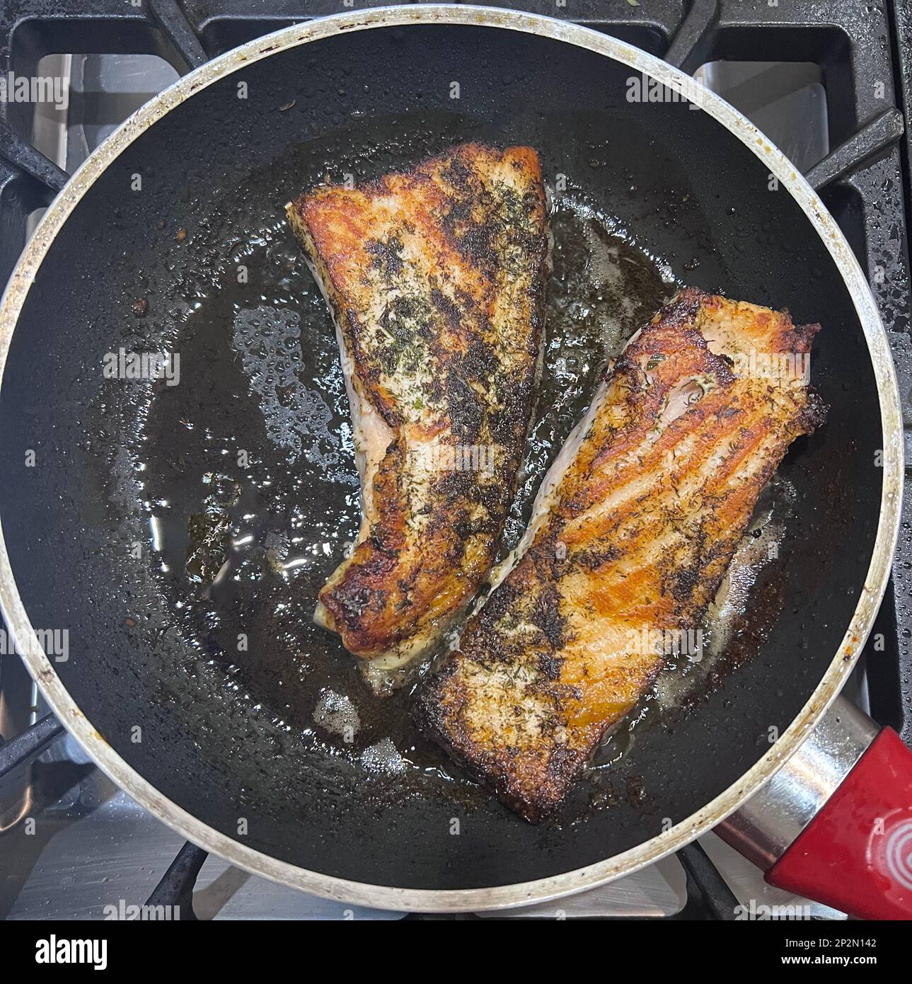 I filetti di salmone cucinano o bollono aneto e prezzemolo Foto Stock