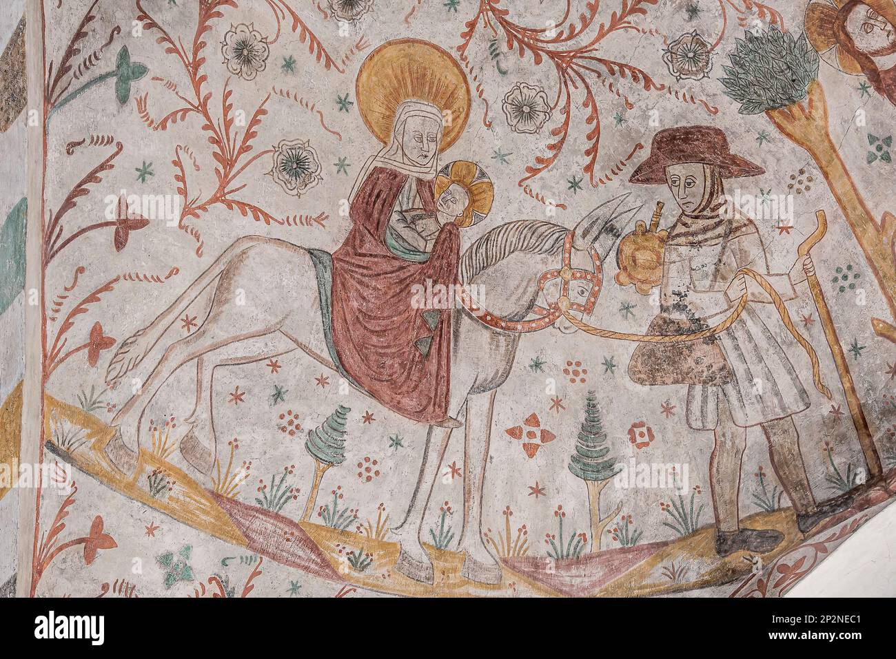 Fuga in Egitto, un murale biblico di 500 anni nella chiesa di Keldeby, Danimarca, 10 ottobre 2022 Foto Stock
