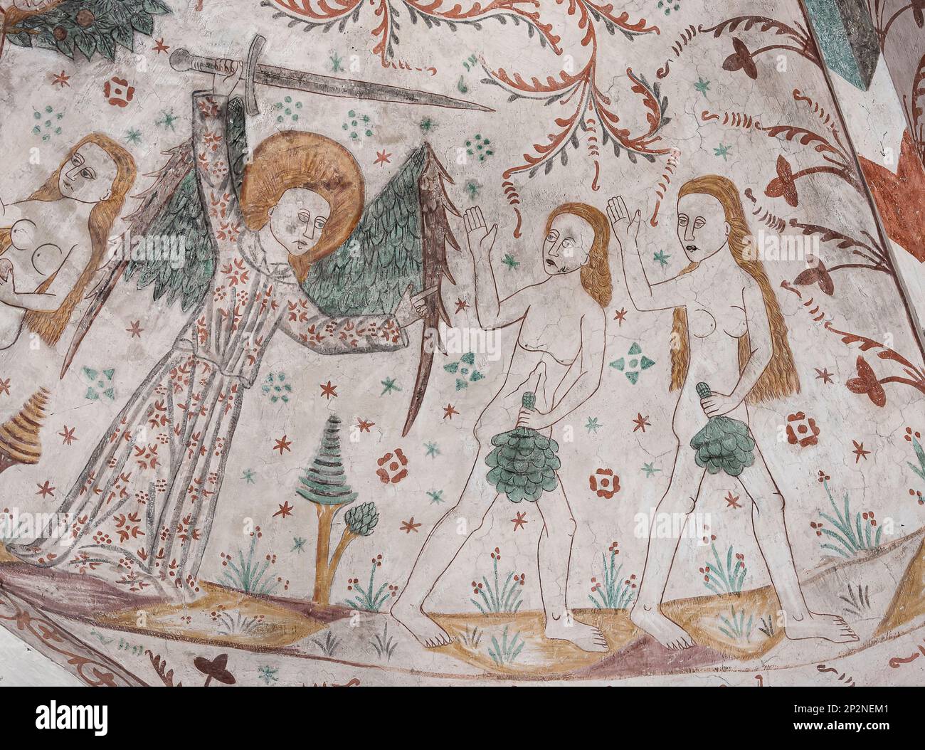 Espulsione di Adamo ed Eva dal Giardino dell'Eden, un affresco di 500 anni nella chiesa di Keldby, Danimarca, 10 ottobre 2022 Foto Stock