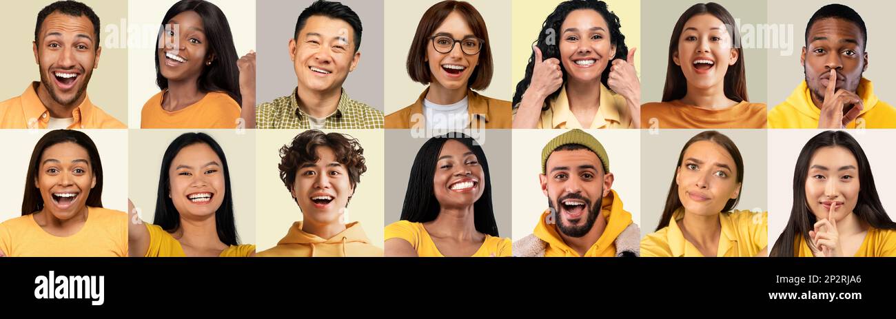 Mosaico di persone allegre multietniche che condividono la felicità sul bianco Foto Stock