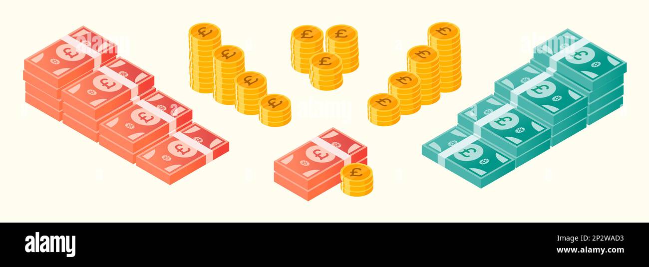 Set di monete e denaro in sterline Illustrazione Vettoriale