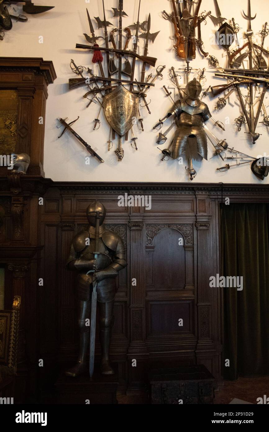 Stanza delle armi nel Castello di Peleș a Sinaia, Romania Foto Stock