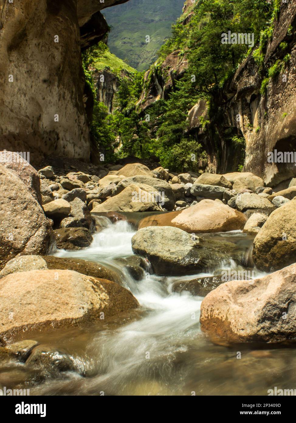 Acqua che scorre velocemente, nella Gola di Tugela, nel Parco Nazionale reale Natal, nelle montagne Drakensberg del Sud Africa. Foto Stock