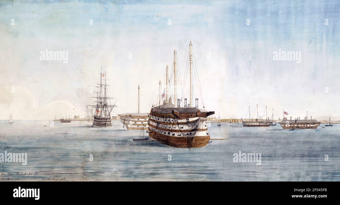 HMS Temeraire in primo piano del Royal Navy's Sheerness Dockyard, 1831 Foto Stock