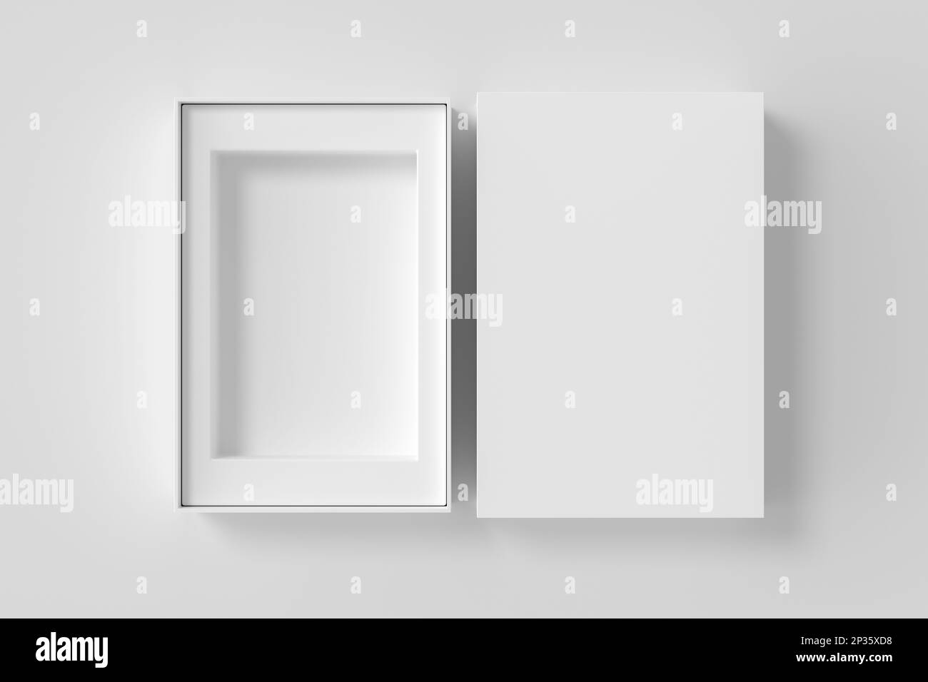 Modello di imballaggio a scatola aperta su sfondo bianco. Modello per il progetto Foto Stock