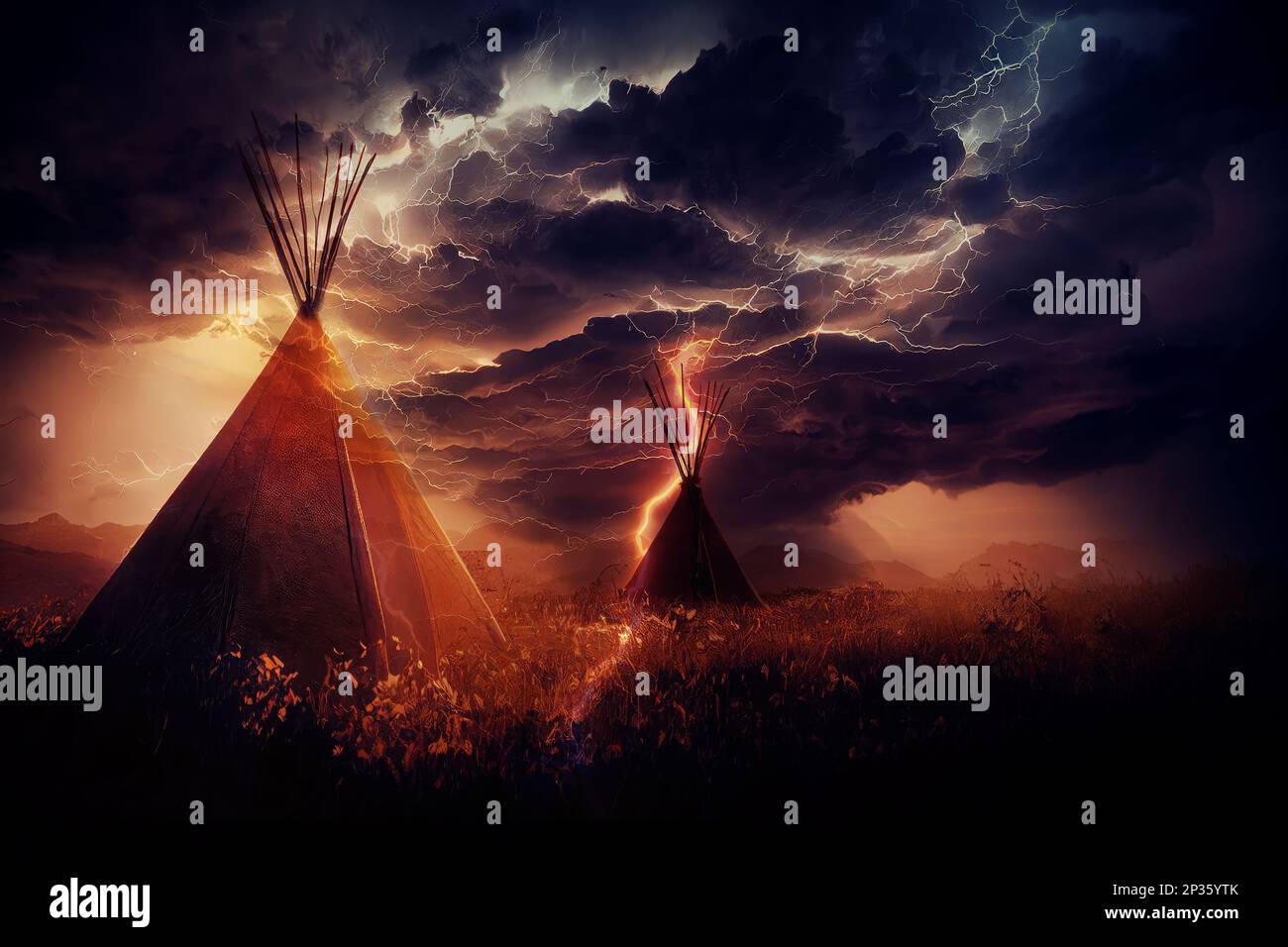 tenda indiana teepee in piedi in un bellissimo paesaggio notturno. Arte digitale Foto Stock