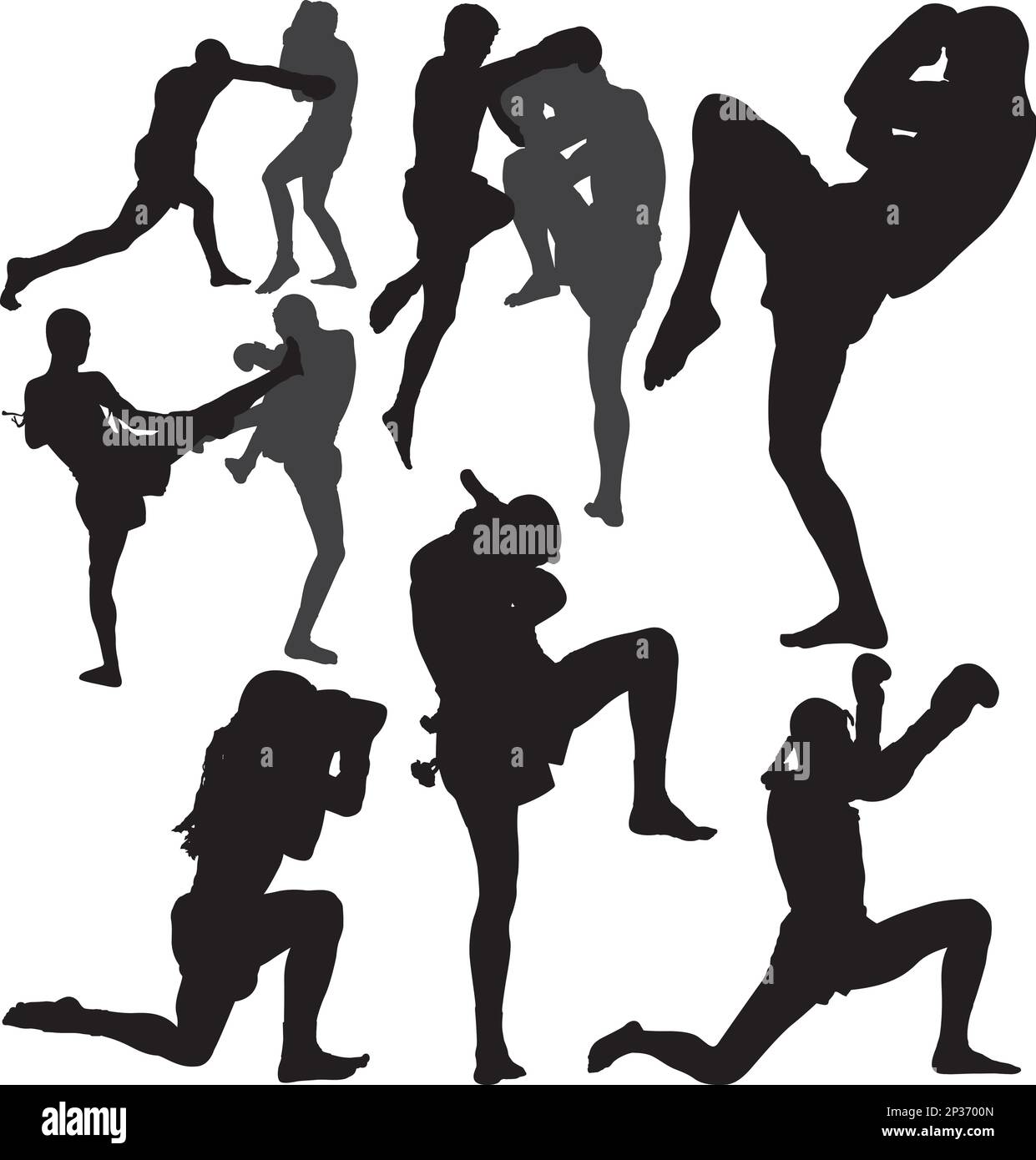 Muay Thai (Thai Boxing) silhouette vettoriali isolate su sfondo bianco. A strati Illustrazione Vettoriale