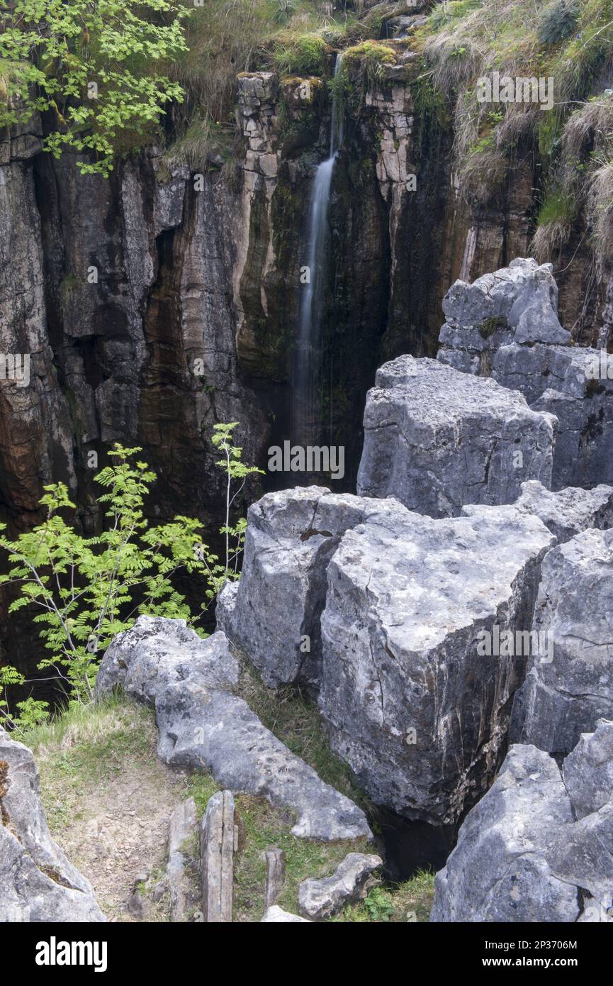 Cascata che scorre in una profonda grotta calcarea, Buttertubs, tra Upper Swaledale e Wensleydale, Yorkshire Dales N. P. North Yorkshire, Inghilterra Foto Stock
