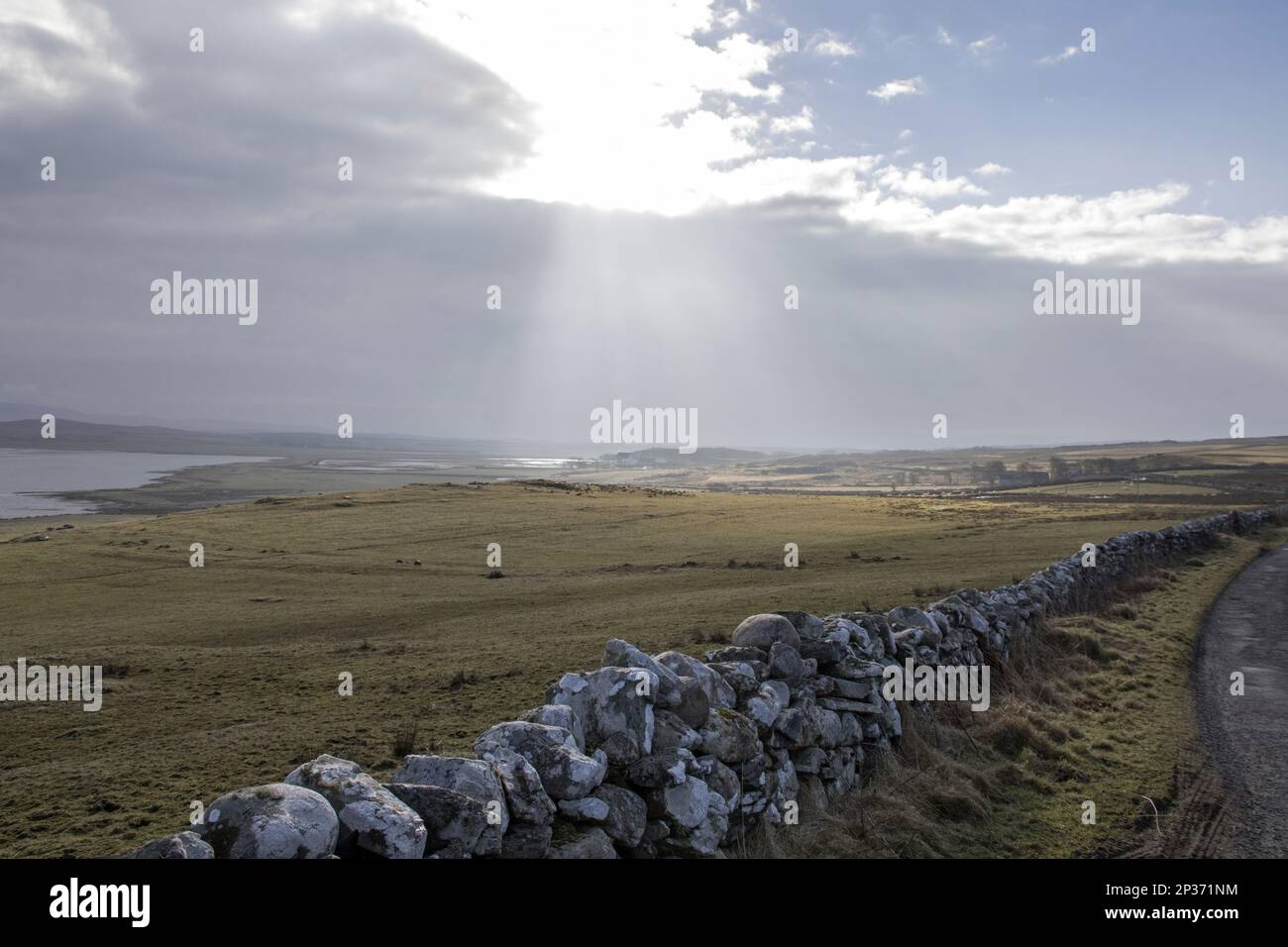 Vista dal lato ovest della terra lungo Loch Gruinart. Muro di pietra asciutto Foto Stock