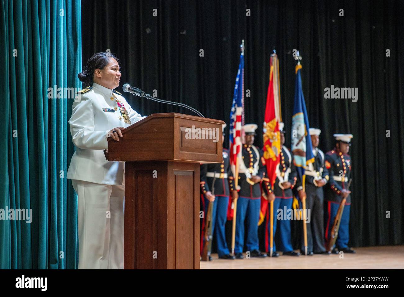 NSA Bahrain - USA Joanna Sarmiento, vice comandante, Naval Amphibious Forces, Task Force 51/5th Marine Expeditionary Brigade (TF 51/5), dà le sue osservazioni durante la sua cerimonia di ritiro a bordo di NSA Bahrain, gennaio 11. Il capitano Sarmiento si ritirò dopo 31 anni di fedele servizio alla Marina degli Stati Uniti. Foto Stock