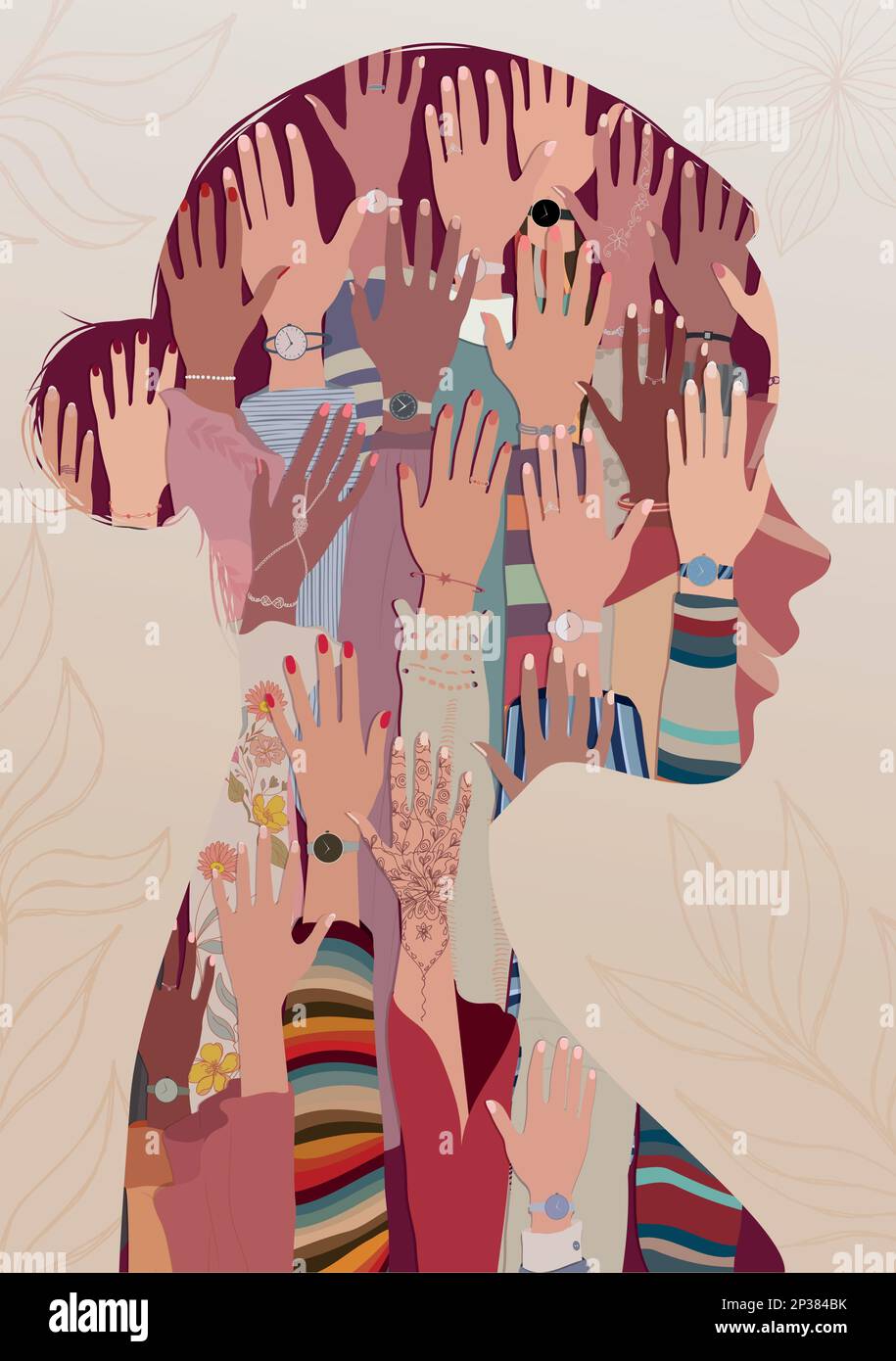 Donna silhouette di profilo con mani interne di gruppo sollevate da donne di diversa cultura. Concetto di uguaglianza razziale e di sisterhood antirazzista. Allyship Illustrazione Vettoriale