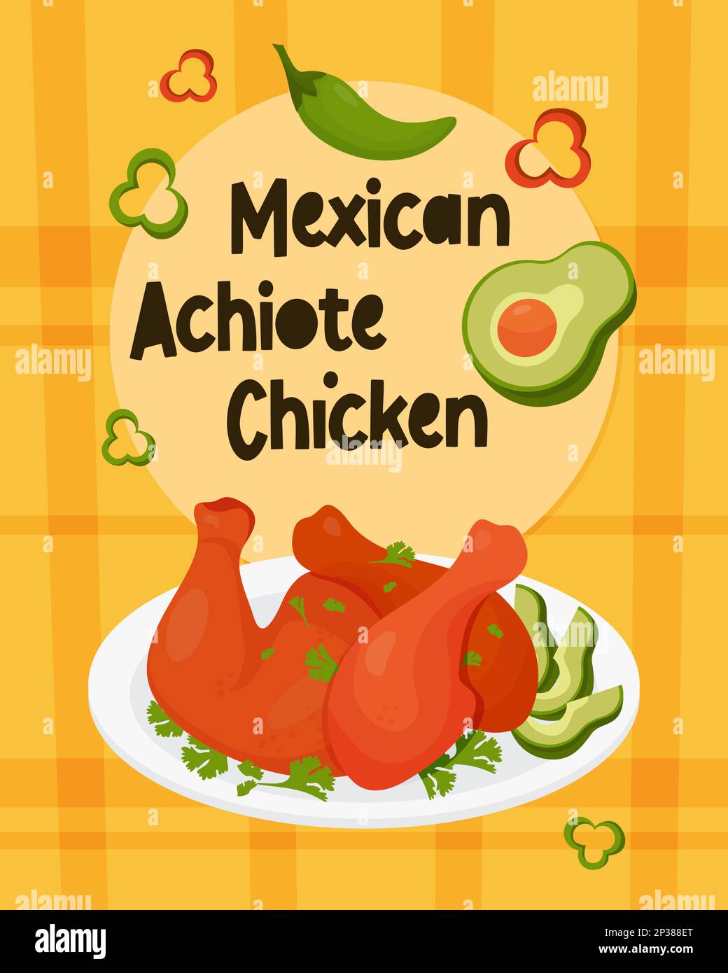 Cucina messicana alla griglia con Achiote Chicken. Cosce di pollo in stile yucatan con ahiote su piatto con fettine di avocado e prezzemolo. Poster verticale vettoriale di latino Illustrazione Vettoriale Cucina messicana alla griglia con Achiote Chicken. Cosce di pollo in stile yucatan con ahiote su piatto con fettine di avocado e prezzemolo. Poster verticale vettoriale di latino Illustrazione Vettoriale