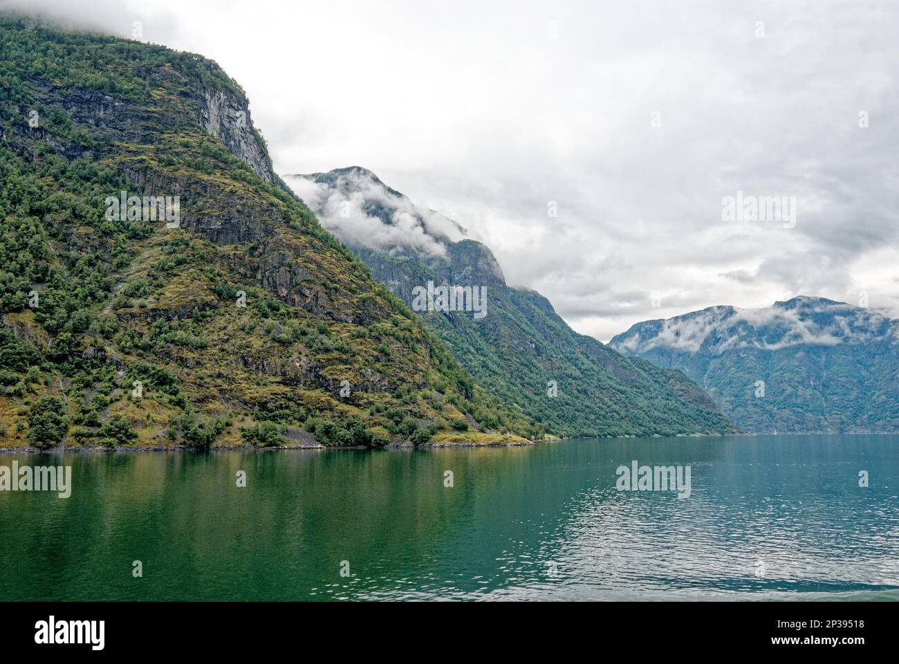 Destinazione del viaggio Nord Europa: Vista di Aurlandsfjord in avvicinamento a Flaam, Norvegia. Splendida vista sul fiordo norvegese da una crociera in barca. 15t Foto Stock