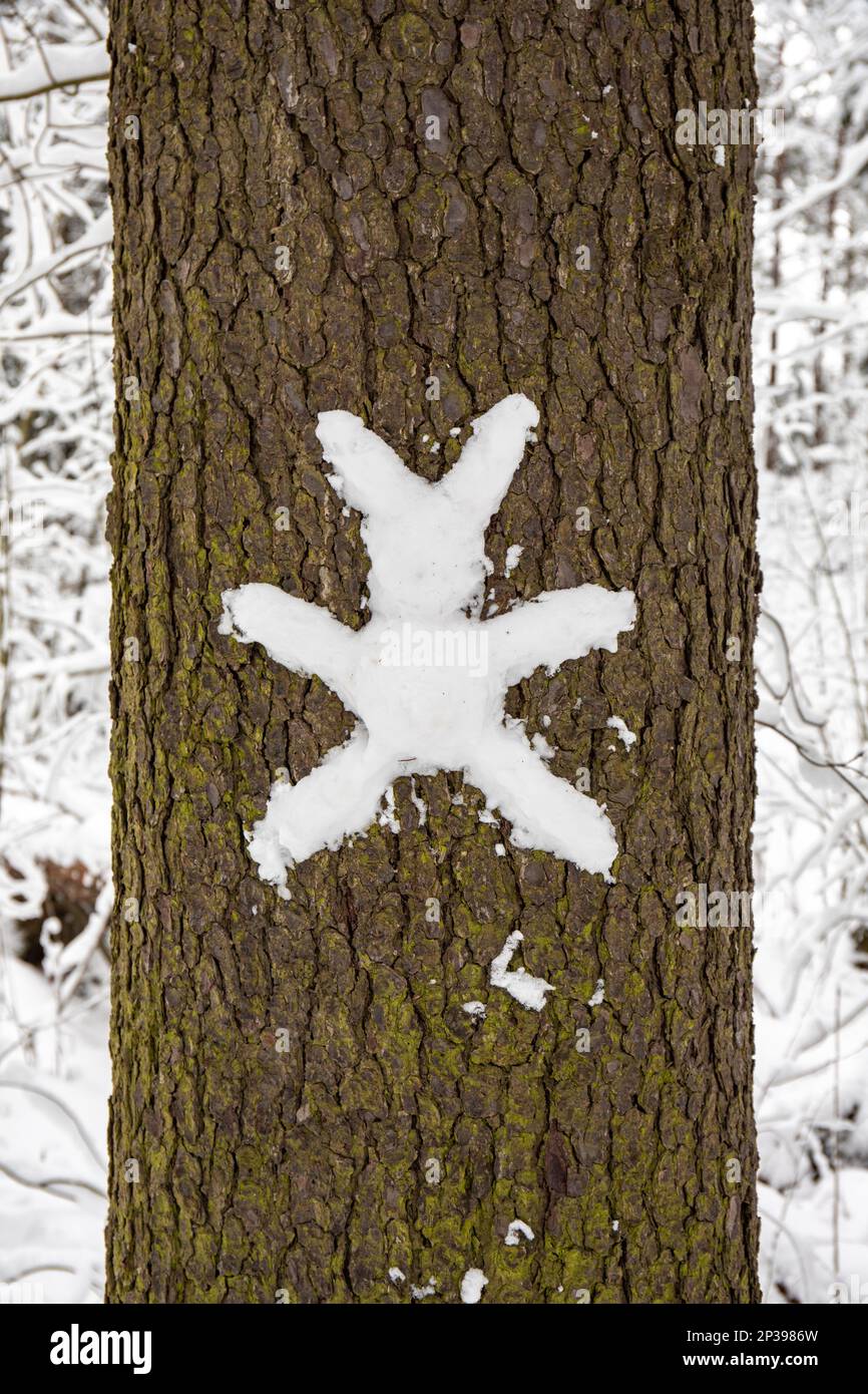 Coniglio di coniglietto fatto di neve sul tronco dell'albero nel distretto di Ruskeasuo di Helsinki, Finlandia Foto Stock