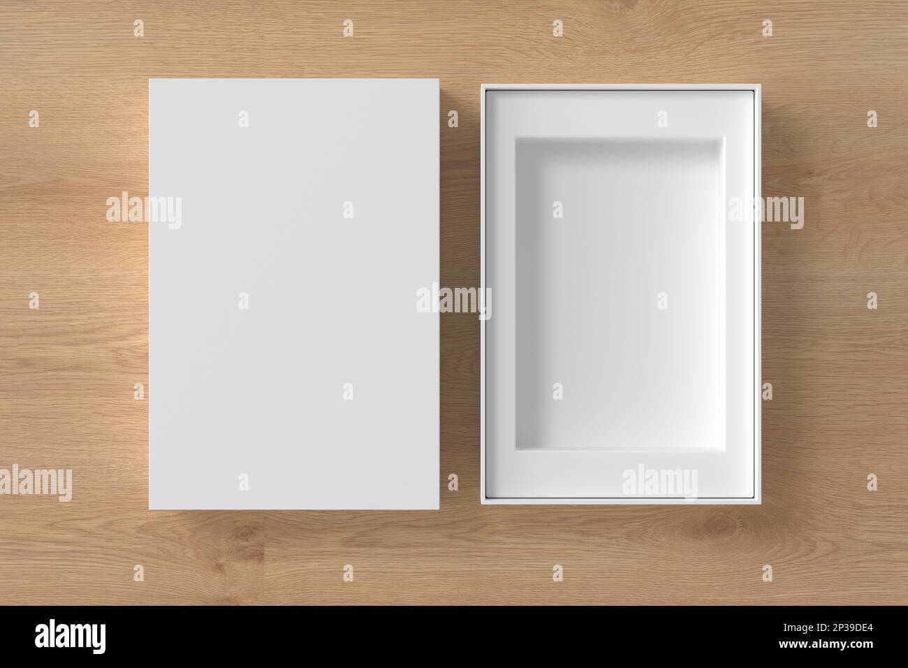Modello di imballaggio a scatola aperta su sfondo in legno. Modello per il progetto Foto Stock