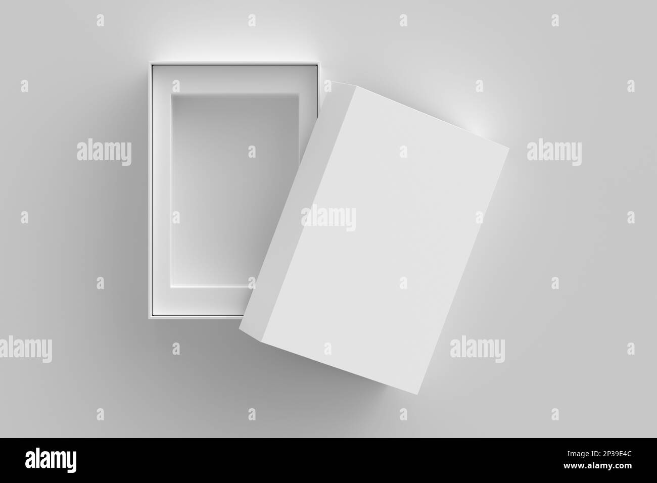Modello di imballaggio a scatola aperta su sfondo bianco. Modello per il progetto Foto Stock