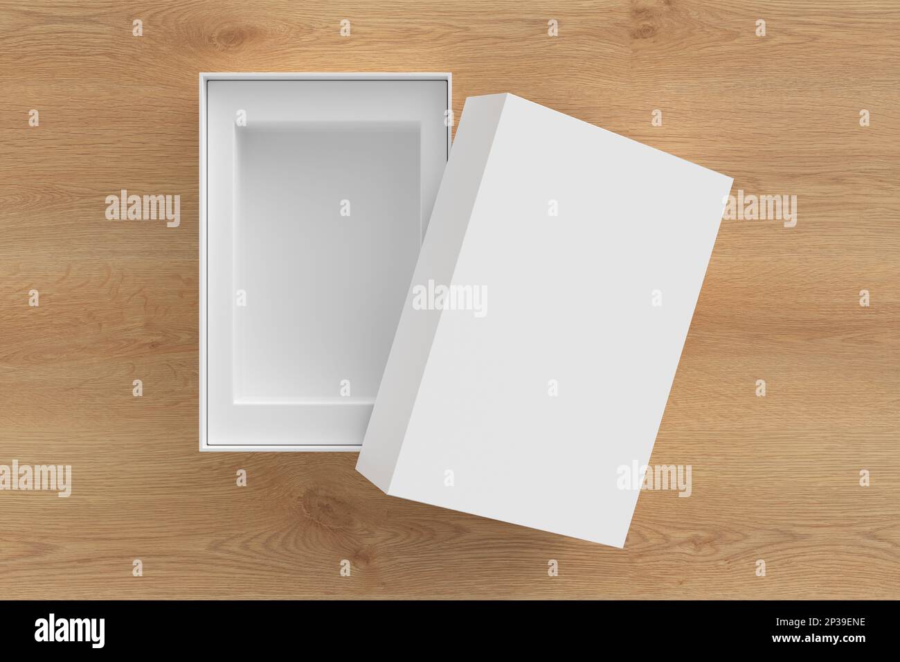 Modello di imballaggio a scatola aperta su sfondo in legno. Modello per il progetto Foto Stock