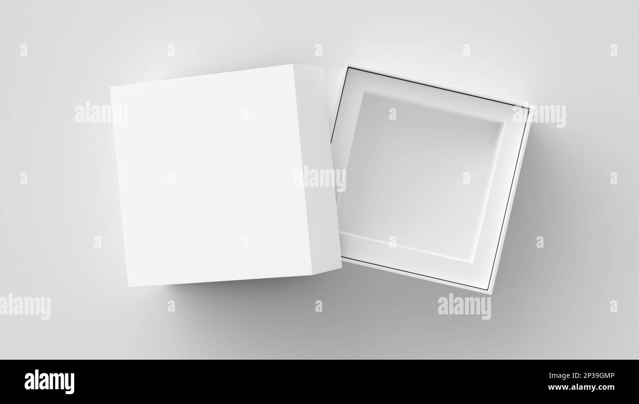 Modello di imballaggio con scatola aperta quadrata su sfondo bianco. Modello per il progetto Foto Stock