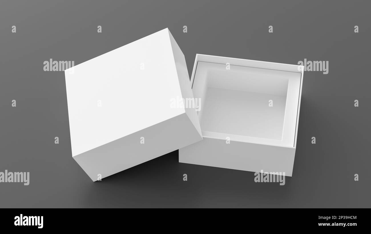 Modello di imballaggio quadrato a scatola aperta su sfondo grigio. Modello per il progetto Foto Stock