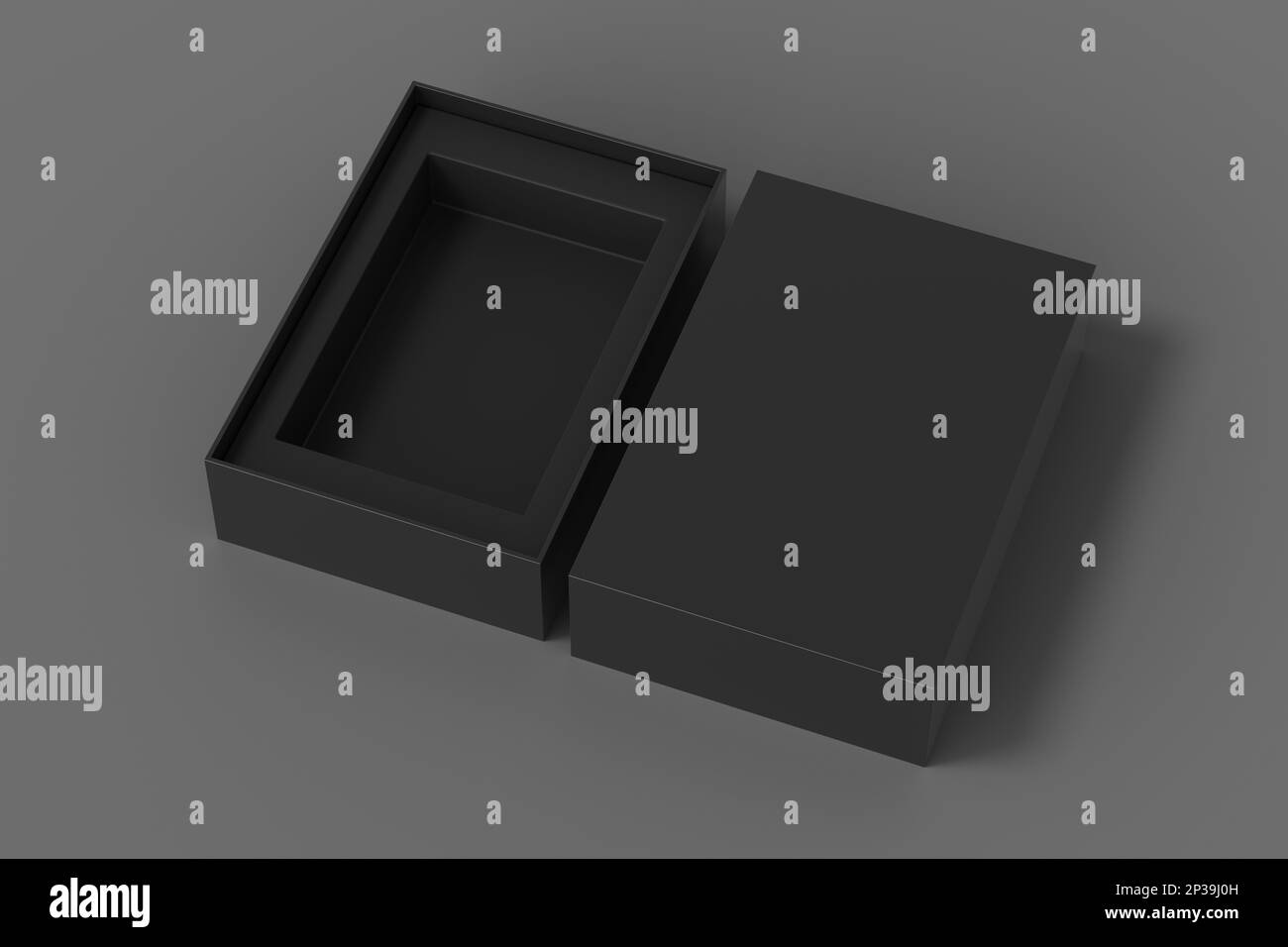 Aprire il modello di imballaggio della scatola nera su sfondo grigio. Modello per il progetto Foto Stock
