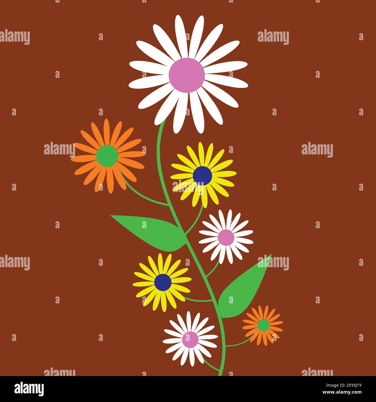 Fiori colorati Daisy su uno sfondo marrone. Illustrazione vettoriale Illustrazione Vettoriale