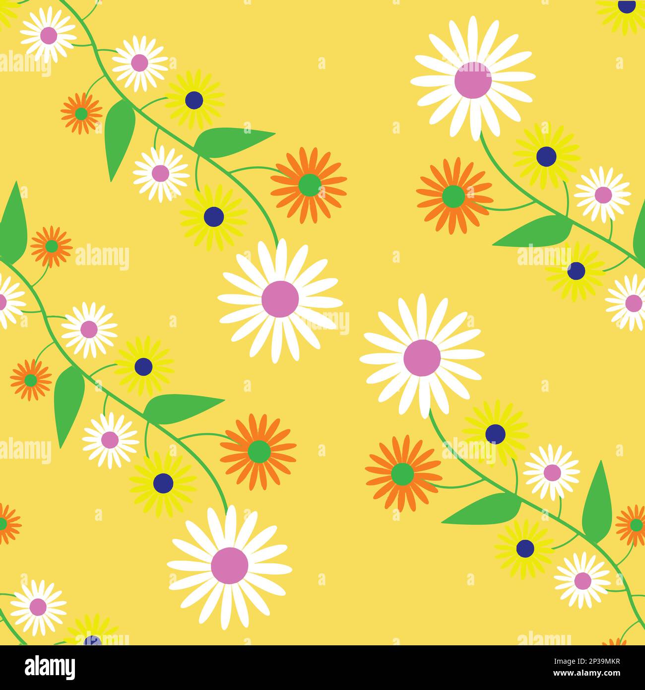 Motivo senza cuciture con margherite colorate su sfondo giallo. Illustrazione vettoriale. Illustrazione Vettoriale