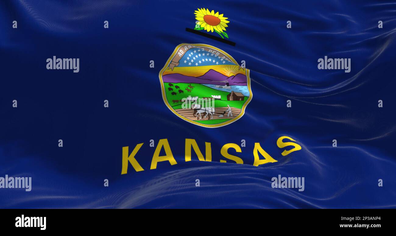 Primo piano della bandiera dello stato del Kansas che sventola nel vento. Kansas è uno stato del Midwest degli Stati Uniti. Tessuto ondulato. Sfondo strutturato. 3d illustrat Foto Stock