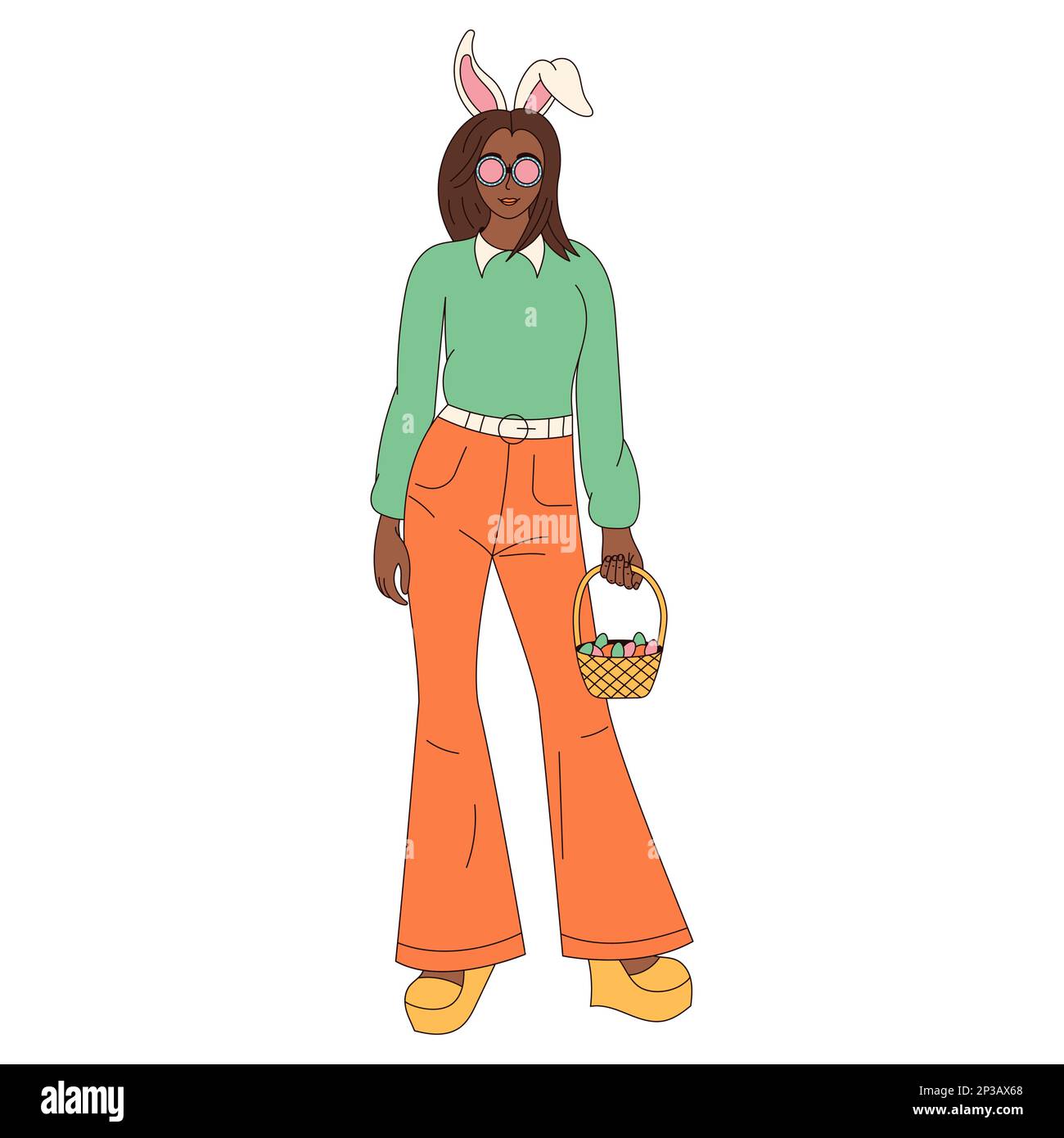 Hippie groovy buon carattere di Pasqua. Ragazza con orecchie di coniglio in stile cartoon retrò 60s 70s alla moda Illustrazione Vettoriale