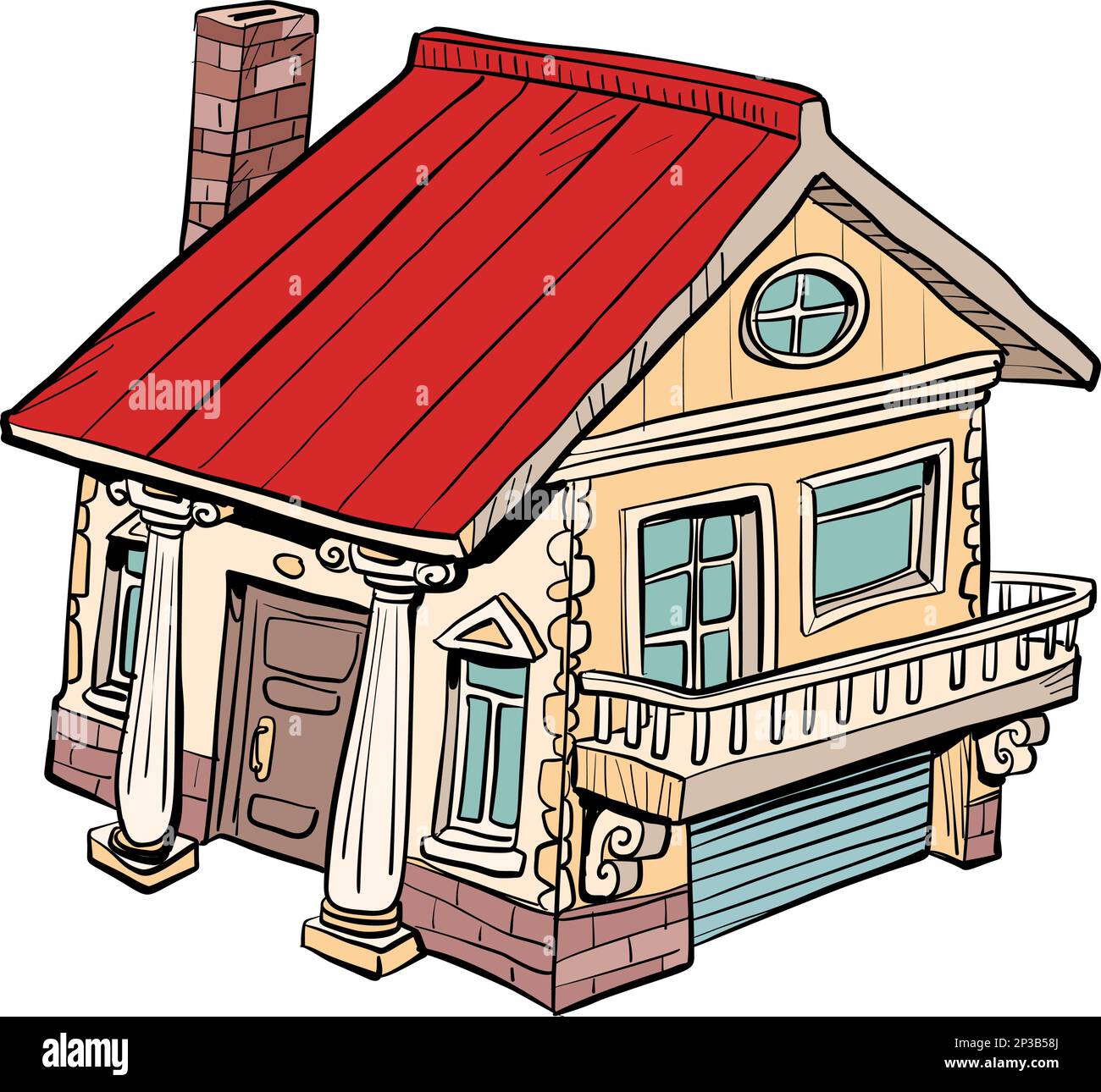 Una casa accogliente e bella con un tetto rosso, un garage, un camino e diverse finestre. Illustrazione Vettoriale