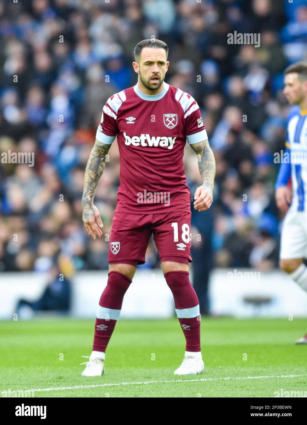 Danny Ings of West Ham durante la partita della Premier League tra Brighton & Hove Albion e West Ham United all'American Express Community Stadium , Brighton , Regno Unito - 4th marzo 2023 Foto Simon Dack/Telephoto Images. Solo per uso editoriale. Nessun merchandising. Per le immagini di calcio si applicano le restrizioni di fa e Premier League inc. Nessun utilizzo di Internet/cellulare senza licenza FAPL - per i dettagli contattare Football Dataco Foto Stock