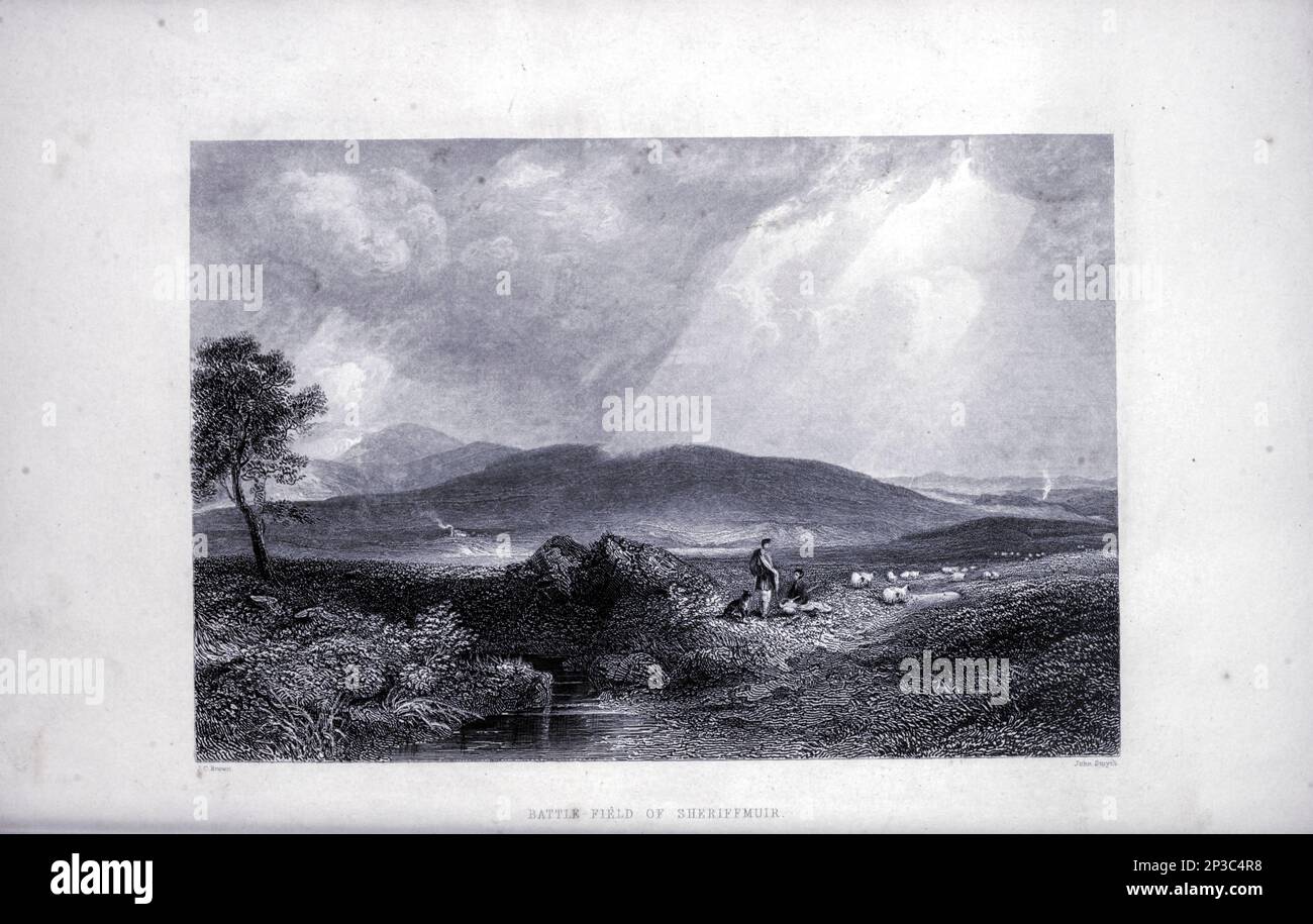 Campo di battaglia di Sheriffmuir [ Sheriffmuir (o Sheriff Muir; gaelico scozzese: Sliabh an t-Siorraim), il sito dell'inconcludente battaglia del 1715 di Sheriffmuir (parte dell'ascesa giacobita del 1715), si trova sulle pendici delle colline di Ochil in Scozia, appena all'interno del confine del Perthshire. La 'Sheriffmuir Inn', che si affaccia sul luogo di battaglia, usato per ospitare Hercules l'orso di wrestling per cui è ben noto.] Dal libro 'Una storia dei reggimenti scozzesi delle Highlands, dei clan delle Highland e delle Highland' Volume 1 di Maclauchlan, Thomas, 1816-1886; Wilson, John, 1785-1854; Keltie, John Scott, Sir, 1840- Foto Stock