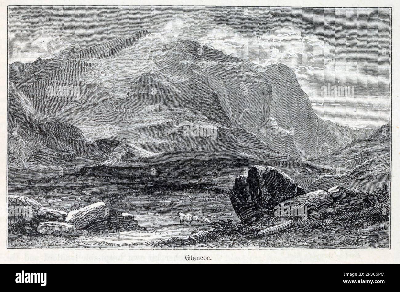 Glencoe Glen Coe (gaelico scozzese: Gleann Comhann) è un glen di origine vulcanica, situato nelle Highlands scozzesi. Si trova a nord della contea di Argyll, vicino al confine con la provincia storica di Lochaber, all'interno della moderna area comunale di Highland. Glen Coe è considerata la casa dell'alpinismo scozzese ed è popolare tra escursionisti e scalatori. Dal libro 'Una storia dei reggimenti scozzesi delle Highlands, dei clan delle Highland e delle Highland' Volume 1 di Maclauchlan, Thomas, 1816-1886; Wilson, John, 1785-1854; Keltie, John Scott, Sir, 1840-1927 Data di pubblicazione 1875 editore Edi Foto Stock