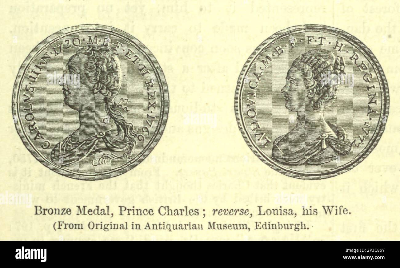 Medaglia di bronzo, Principe Carlo ; reverse, Louisa, sua moglie dal libro 'Una storia delle Highlands scozzesi, clan delle Highland e reggimenti delle Highland' Volume 1 di Maclauchlan, Thomas, 1816-1886; Wilson, John, 1785-1854; Keltie, John Scott, Sir, 1840-1927 Data di pubblicazione 1875 editore Edinburgh ; Londra : A. Fullarton Foto Stock