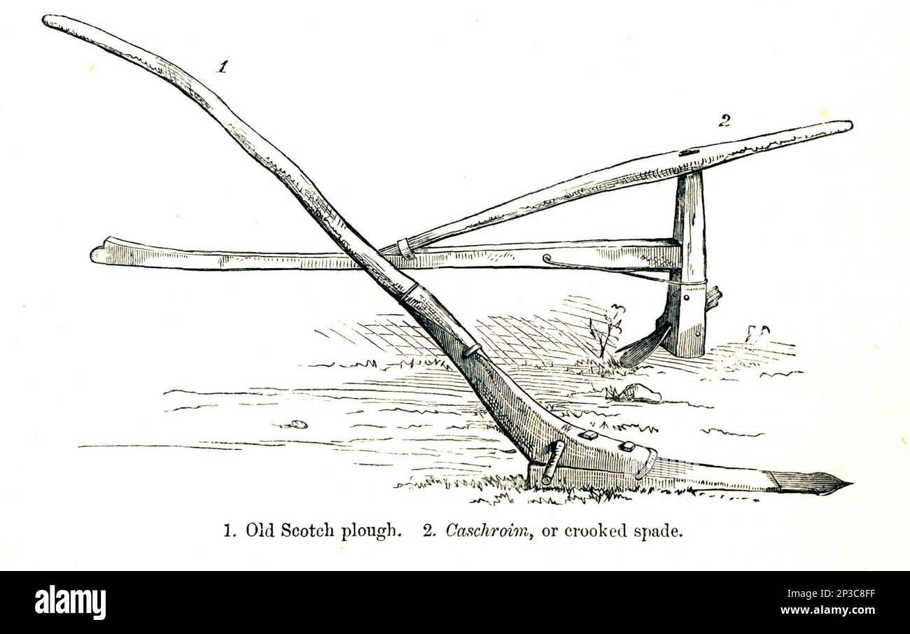 Old Scotch aratro e Caschroim, anche Caschrom una spade storta dal libro 'Una storia delle Highlands scozzesi, clan Highland e reggimenti Highland' Volume 2 di Maclauchlan, Thomas, 1816-1886; Wilson, John, 1785-1854; Keltie, John Scott, Sir, 1840-1927 Data di pubblicazione 1875 editore Edinburgh ; Londra : A. Fullarton Foto Stock