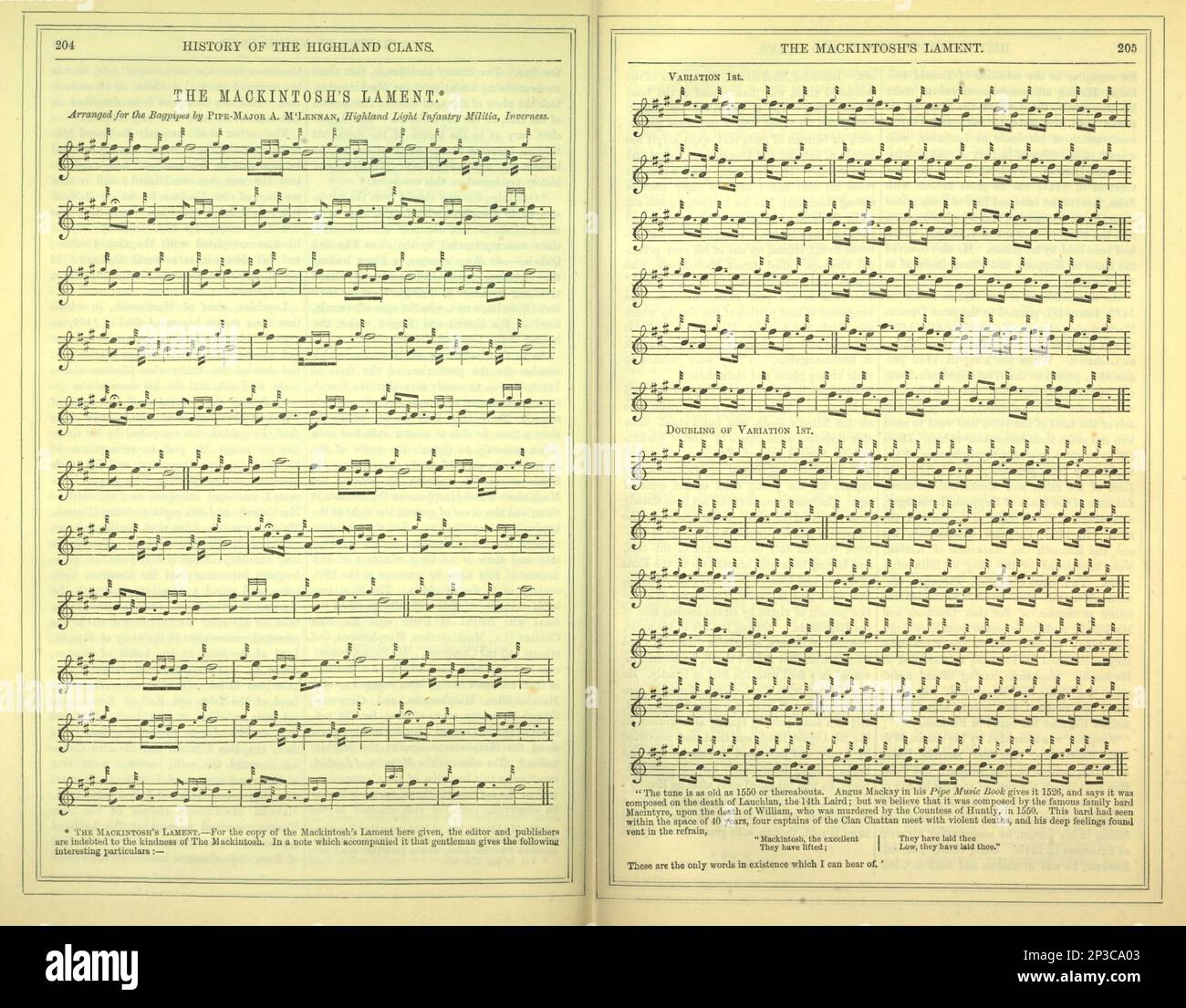 Il lamento di mackintosh ha organizzato per i cornamuse dal libro 'Una storia delle Highlands scozzesi, clan delle Highland e reggimenti delle Highland' Volume 2 di Maclauchlan, Thomas, 1816-1886; Wilson, John, 1785-1854; Keltie, John Scott, Sir, 1840-1927 Data di pubblicazione 1875 editore Edinburgh ; Londra : A. Fullarton Foto Stock