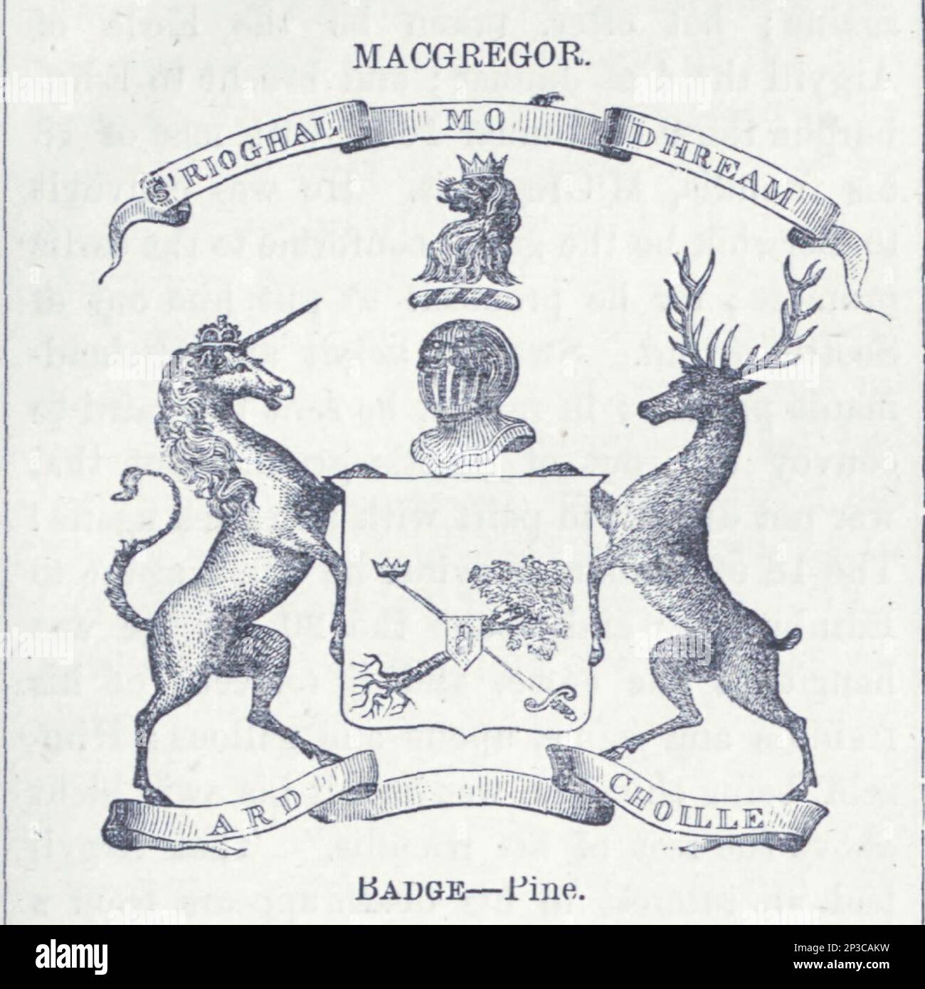 MacGregor stemma, cresta e motto dal libro 'Una storia delle Highlands scozzesi, clan delle Highland e reggimenti delle Highland' Volume 2 di Maclauchlan, Thomas, 1816-1886; Wilson, John, 1785-1854; Keltie, John Scott, Sir, 1840-1927 Data di pubblicazione 1875 editore Edinburgh ; Londra : A. Fullarton Foto Stock