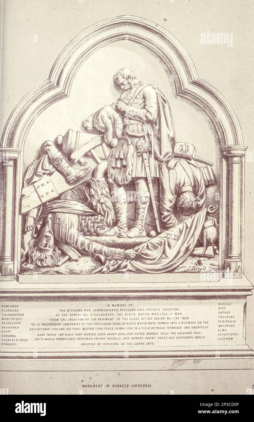 Monumento per i caduti dei 42nd Highlanders reali - l'orologio nero nella cattedrale di Dunkeld dal libro 'Una storia degli Highlands scozzesi, clan delle Highland e reggimenti delle Highland' Volume 2 di Maclauchlan, Thomas, 1816-1886; Wilson, John, 1785-1854; Keltie, John Scott, Sir, 1840-1927 Data di pubblicazione 1875 editore Edinburgh ; Londra : A. Fullarton Foto Stock