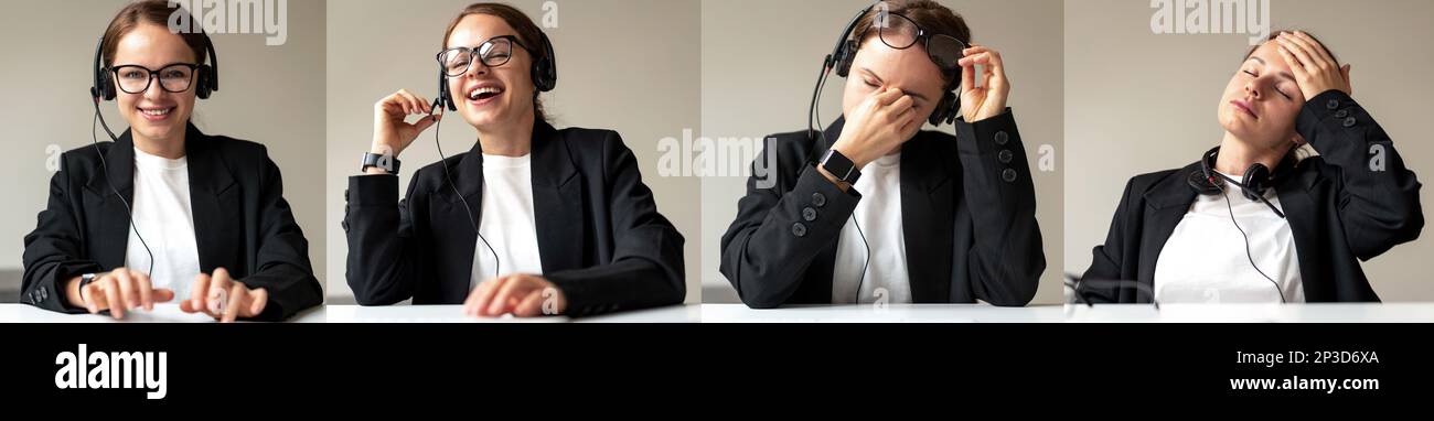 Donna rappresentante del servizio clienti e il suo stato mentale cambia durante la giornata lavorativa, collage. Foto Stock