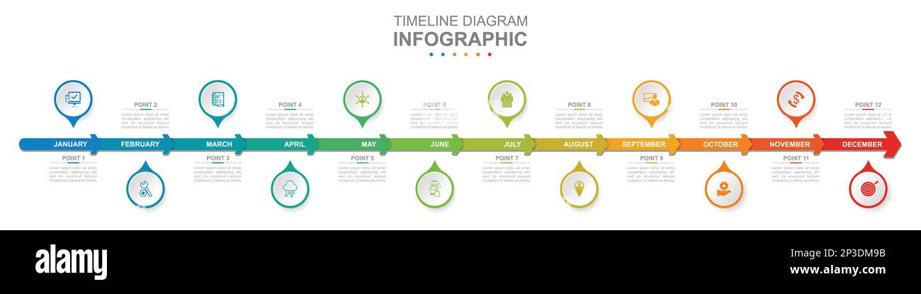 Modello aziendale infografico. Calendario con diagramma della linea temporale moderna di 12 mesi con frecce. Presentazione del concetto. Illustrazione Vettoriale