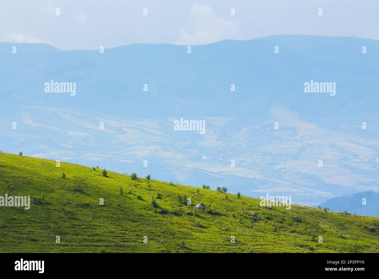 paesaggio di campagna con prato in montagna. colline erbose e ondulate sotto un cielo nuvoloso Foto Stock