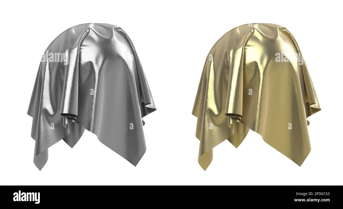 Set di sfere rivestite con argento e tessuto lucido dorato. Isolato su sfondo bianco. Sorpresa, premio, premio, concetto di presentazione. Revea Foto Stock
