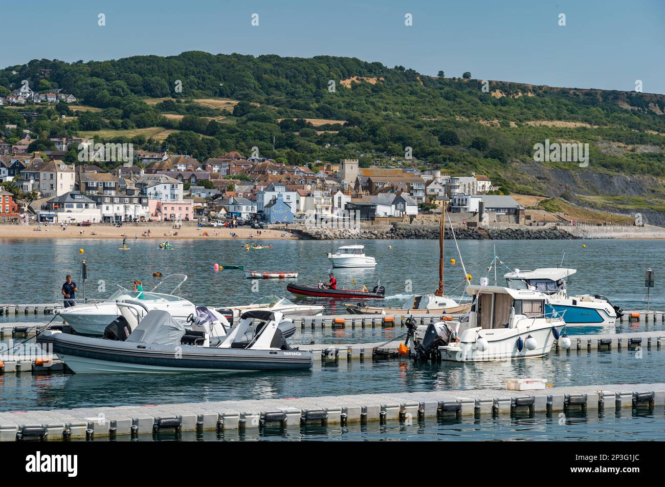 Barche ormeggiate su pontile galleggiante in porto in estate, Lyme Regis, Dorset, Inghilterra, Regno Unito Foto Stock