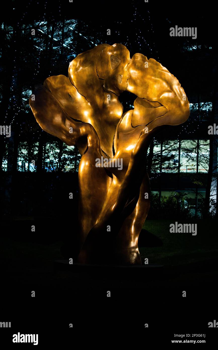 L'opera Fortuna di Helaine Blumenfeld 2016 che si trova nel Jubilee Park, Canary Wharf. Una scena notturna sullo sfondo degli edifici. Foto Stock