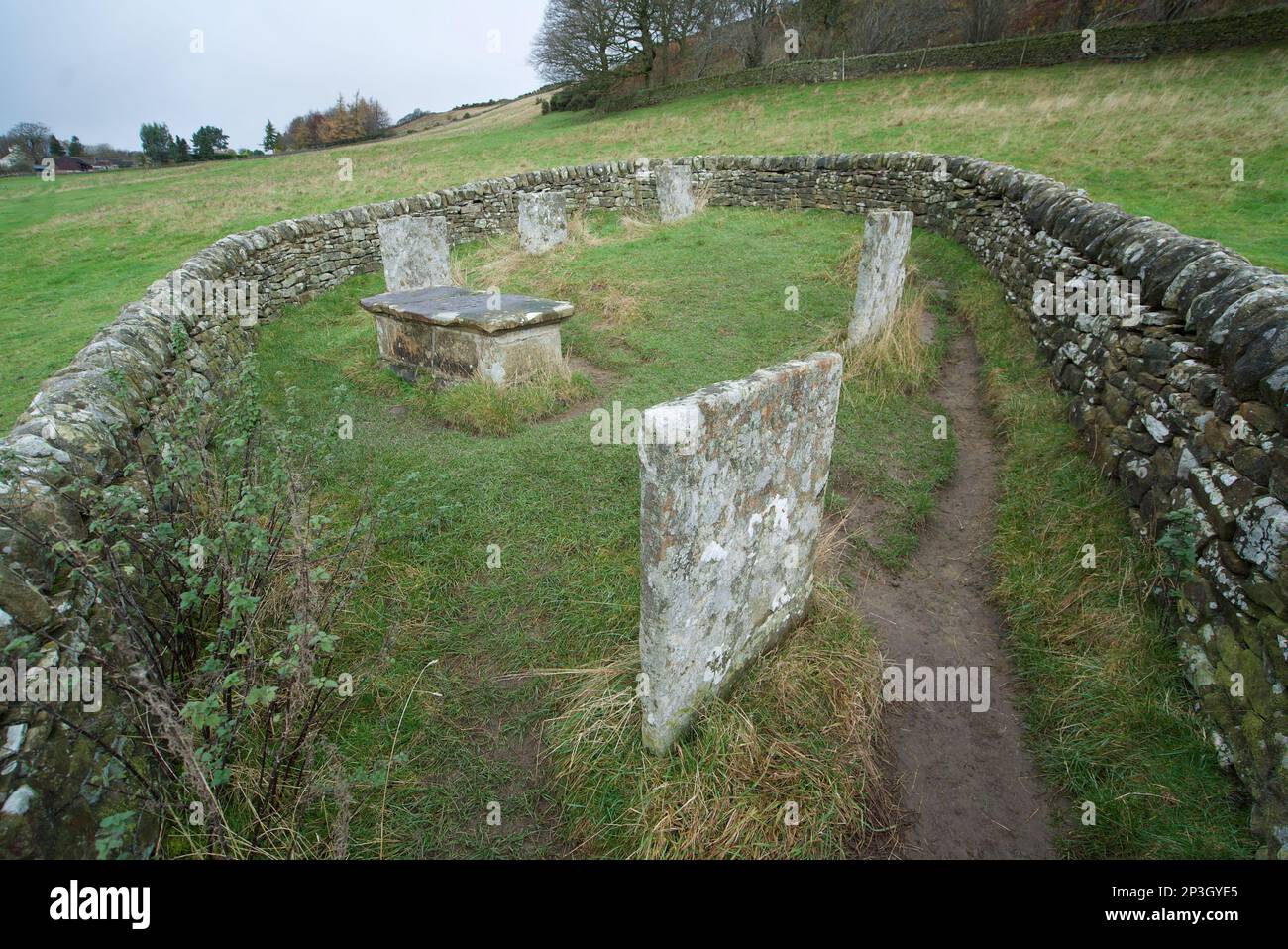 Le tombe della famiglia Hancock. Tutti morirono di peste bubbonica a Eyam, Regno Unito, nel 1666. (Riley Graves, Riley Lane, Eyam, Derbyshire) Foto Stock