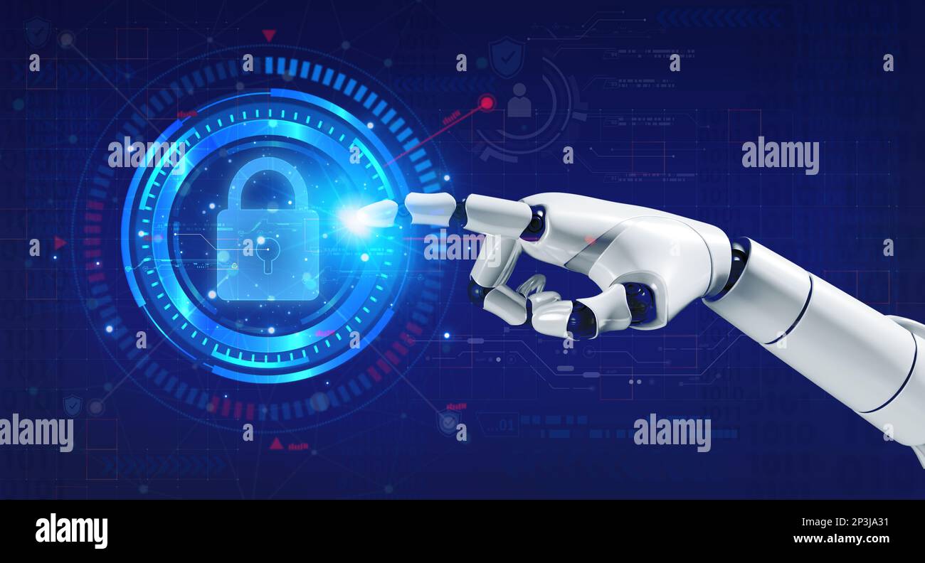 3d rendering mano del robot puntando su realtà virtuale ologramma di protezione lucchetto digitale per la rete di dati e la sicurezza delle informazioni in blu. Rob. Ai Foto Stock
