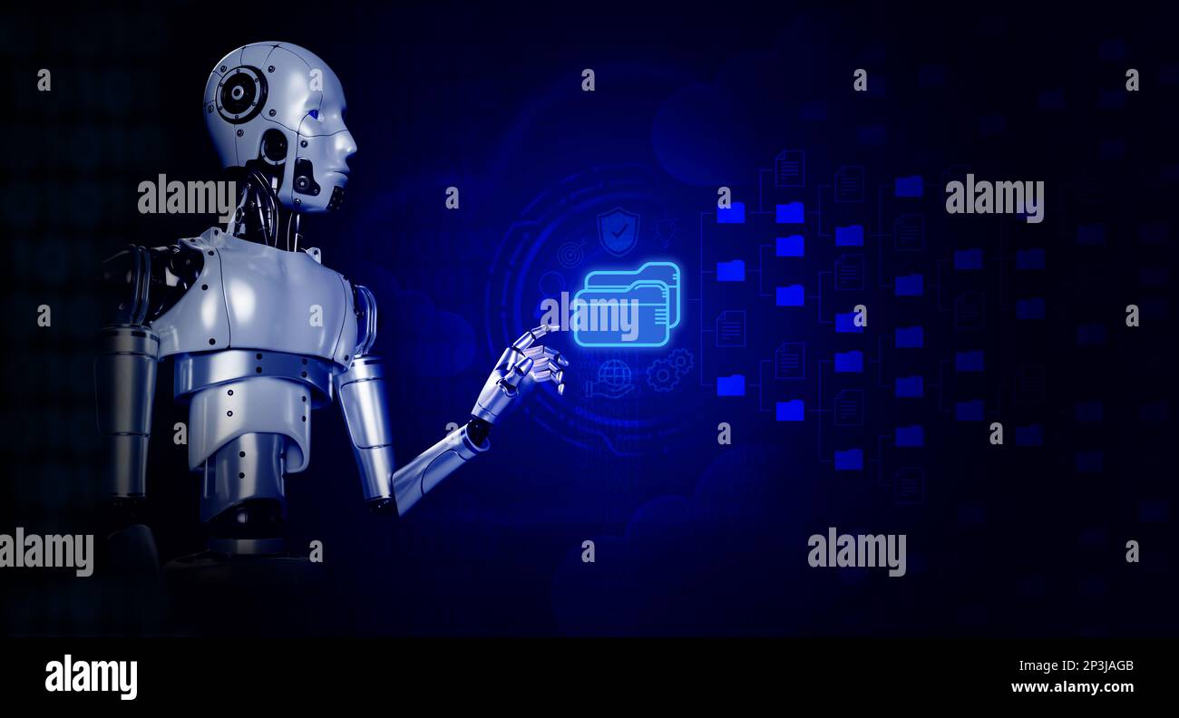 3d robot di rendering che punta la mano su ologramma virtuale di archivi di cartelle digitali e molti file per informazioni di dati online ricerca su backgroun blu Foto Stock