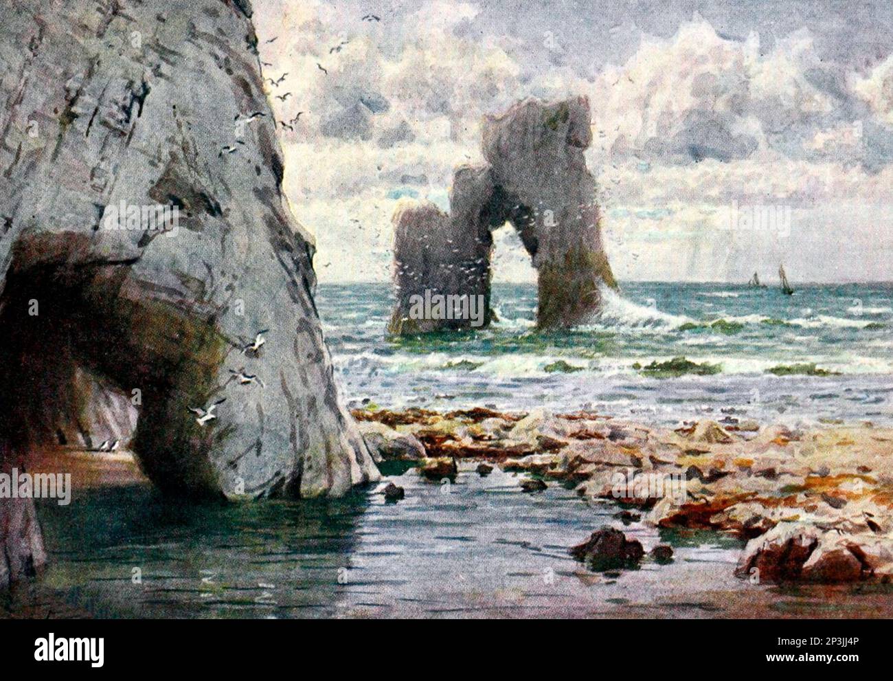 Fresh Water Bay, Isola di Wight, Regno Unito, circa 1911. Si trovano all'estremità occidentale dell'isola, dove il gesso forma le scogliere, che vengono mangiate in archi pittoreschi Foto Stock