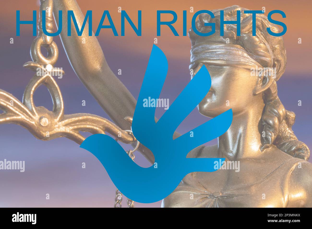 Immagine simbolo diritti umani: Logo dei diritti umani di dominio pubblico, la parola diritti umani e una giustificazione sullo sfondo Foto Stock