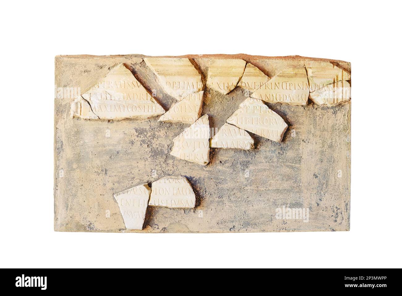 Scheda con lettere latine in termini del sito archeologico Anthony, isolato su uno sfondo bianco. Le rovine tempi antichi delle guerre romane con Carthag Foto Stock