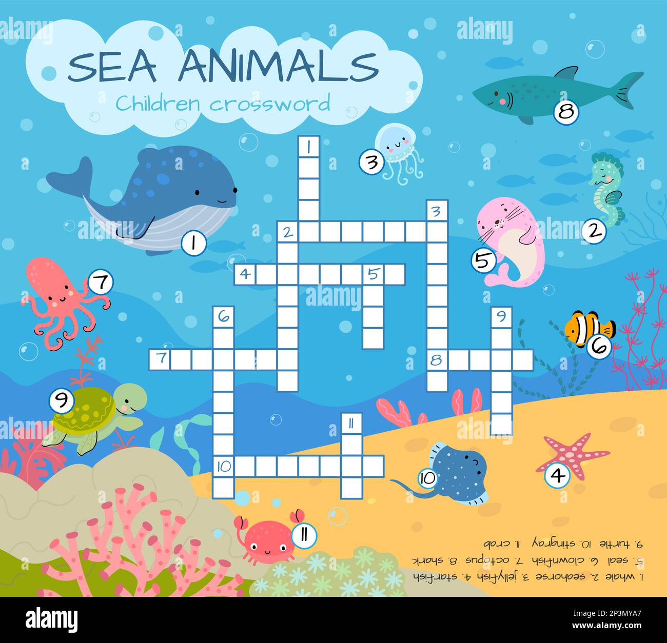 Bambini cross word animali marini. Colorato gioco di puzzle di animali subacquei per i bambini. Quiz di parole inglesi con tartaruga polpo di medusa, vettore di oggi Illustrazione Vettoriale